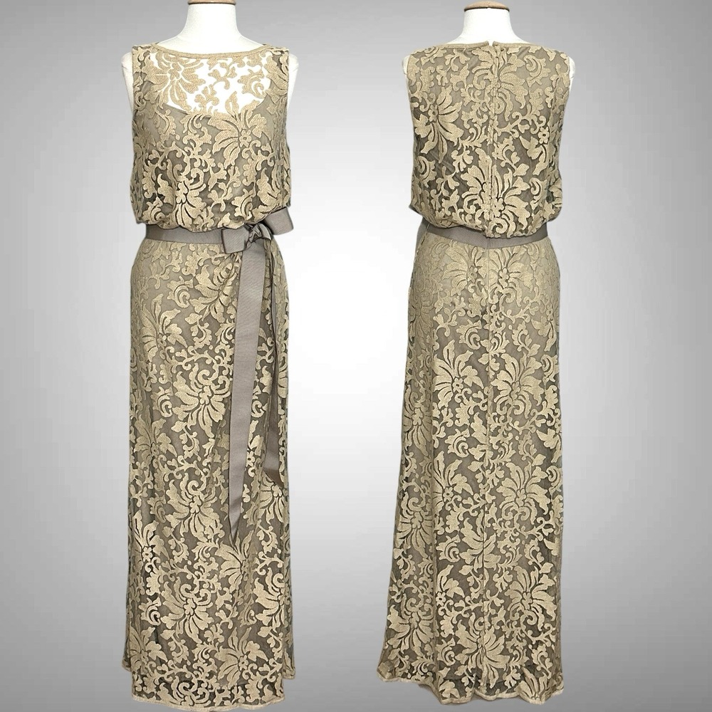 Tadashi Shoji Womens Dress 8 Beige Lace Overlay Blouson Gown Wedding Mother - Picture 2 of 16